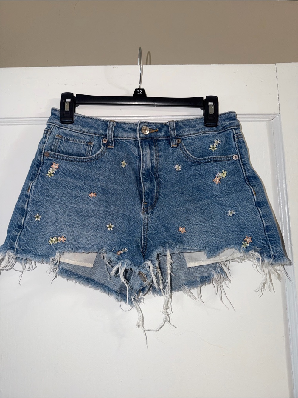 American Eagle Outfitters Embroidered Light Blue Frayed Hem Jean Shorts